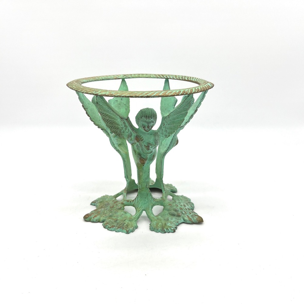 Vintage Cherub Angel Verdigris Bronze Bowl Stand Patina Grape Vine Pedestal 5.5"